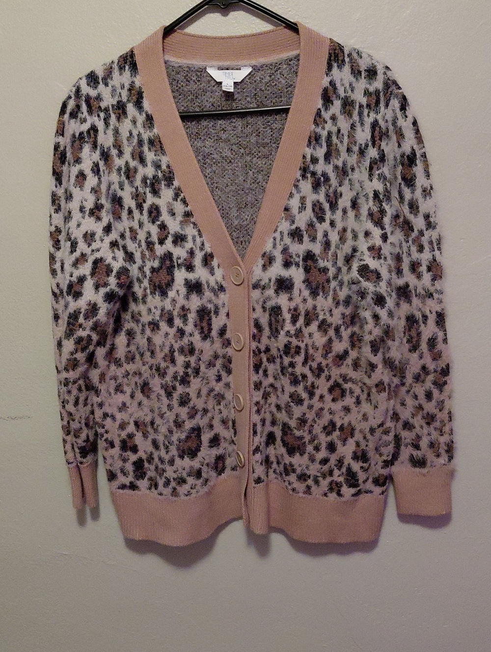 Time and Tru Pink Leopard-Print V-Neck Button Cardigan